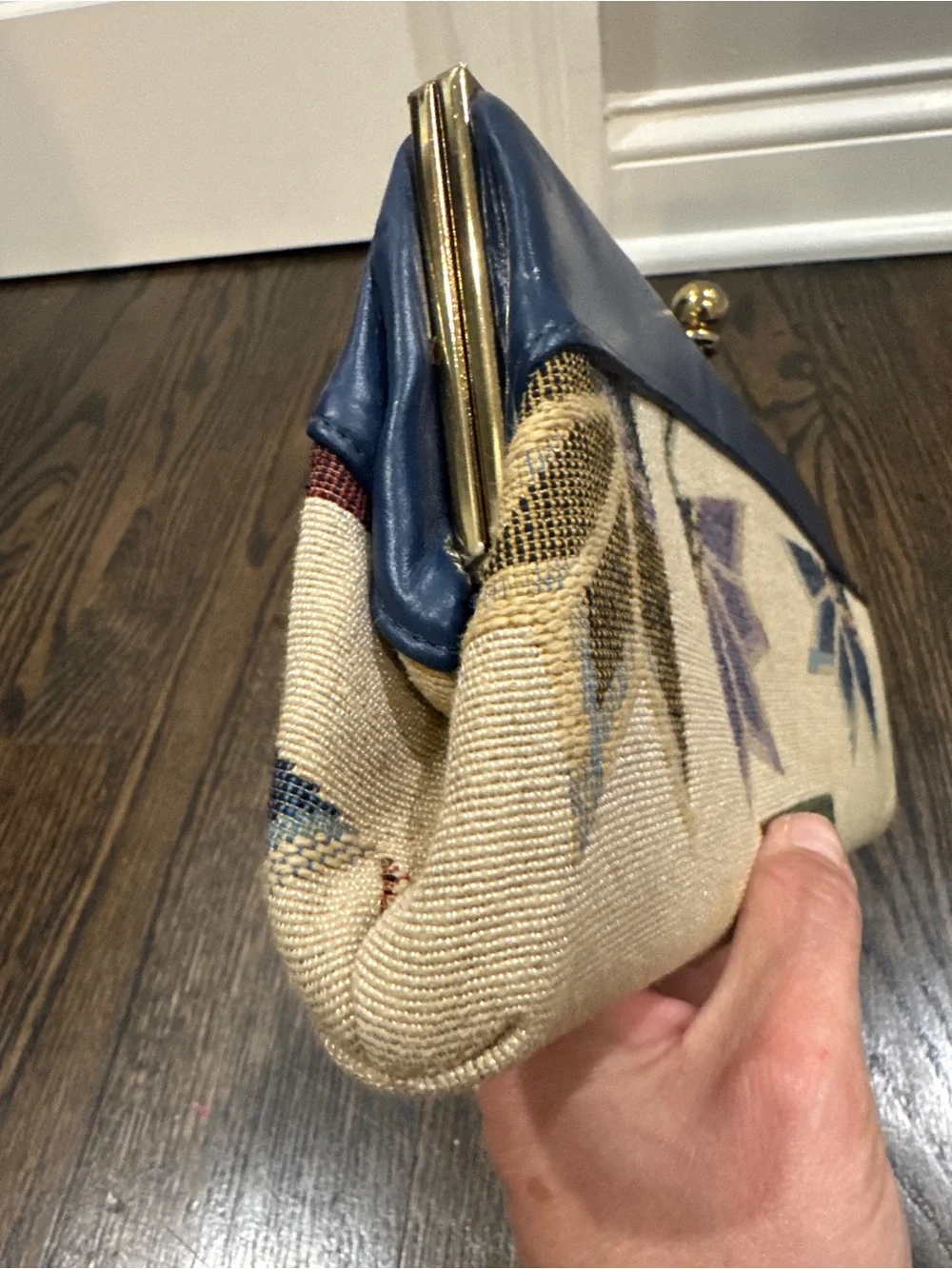 Vintage Floral Tapestry & Blue Leather Clutch Purse